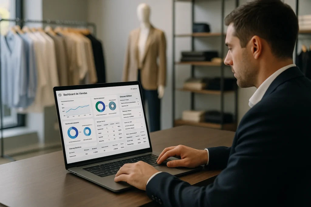 Imagem de loja de roupas moderna com sistema ERPPro exibindo controle de estoque e vendas