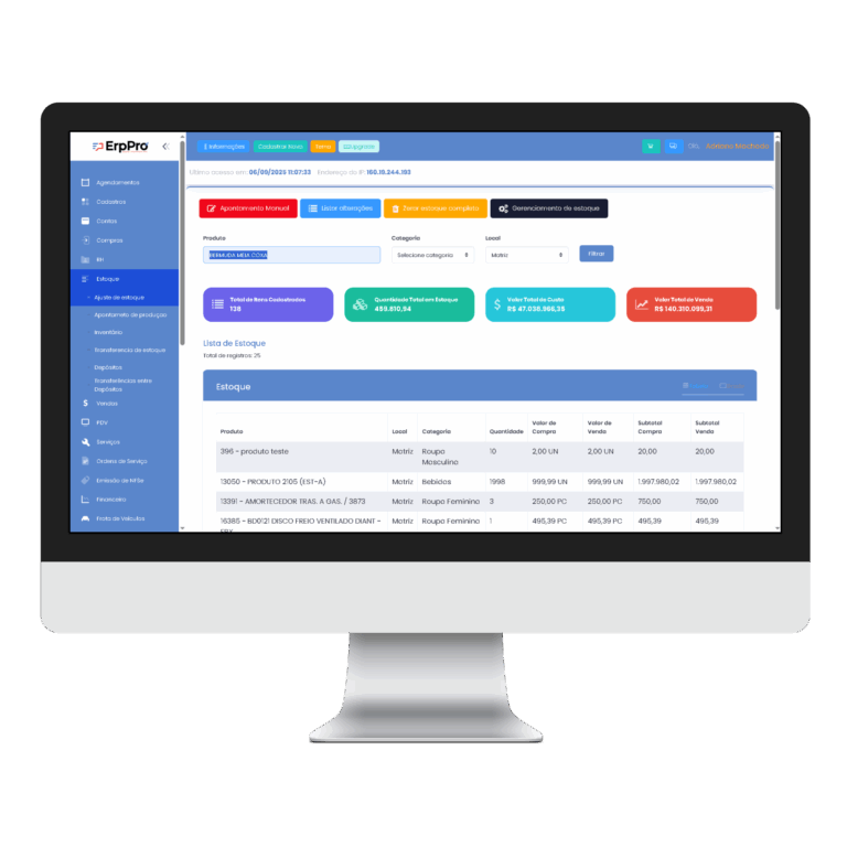 Interface do ERPPro mostrando controle de estoque online, inventário, alertas de reposição, integração com PDV e e-commerce, otimização de produtos e relatórios inteligentes.