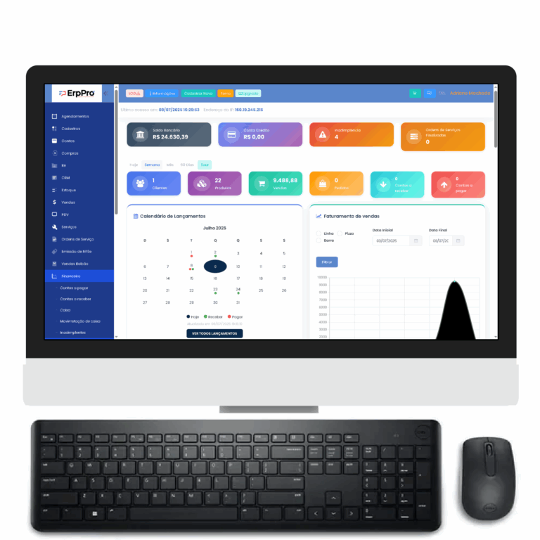 Sistema ERP para empresas, integrando setores como vendas, estoque, financeiro e RH para gestão mais eficiente