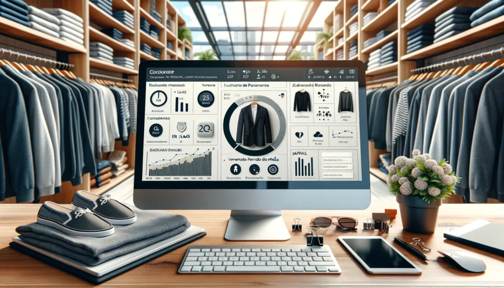 Imagem de loja de roupas com sistema gestão lojas revolucione, controle de estoque e dashboards digitais modernos