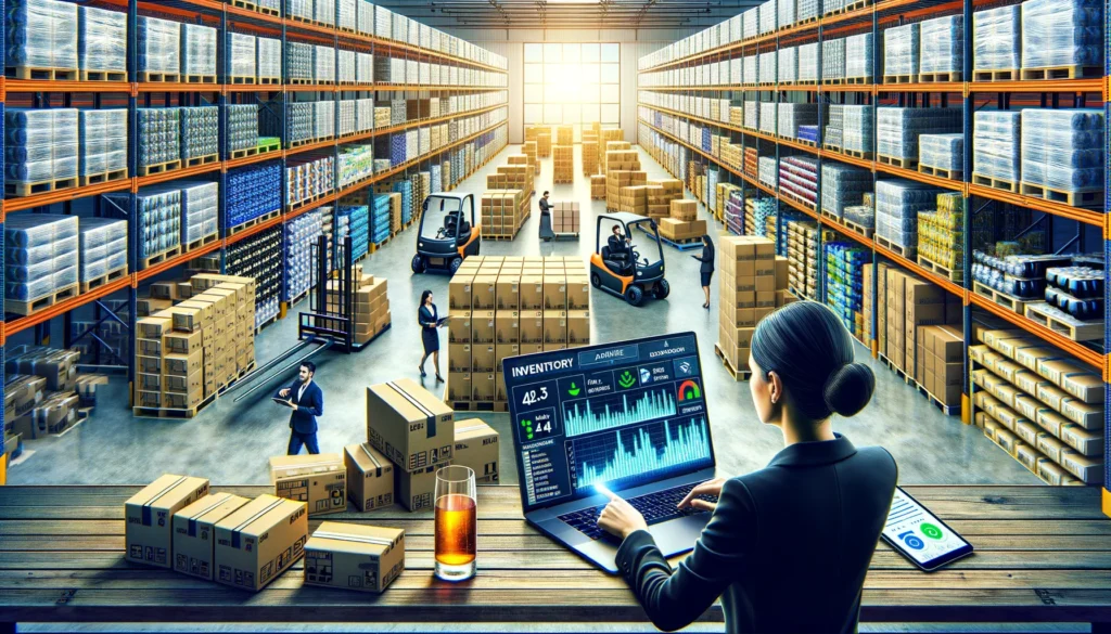 Imagem realista de uma distribuidora de bebidas organizada, com gestor analisando dados em um dashboard para escalar o negócio
