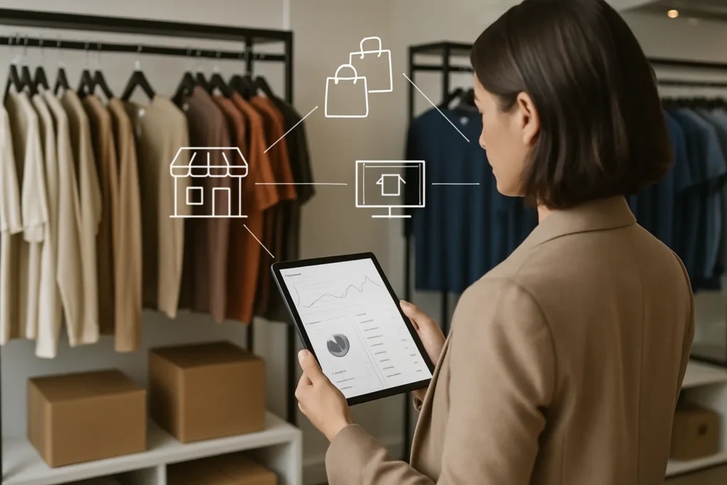 Gestor de loja de roupas usando tablet com painel de pedidos e estoque, simbolizando integração do sistema com marketplace e catálogo online
