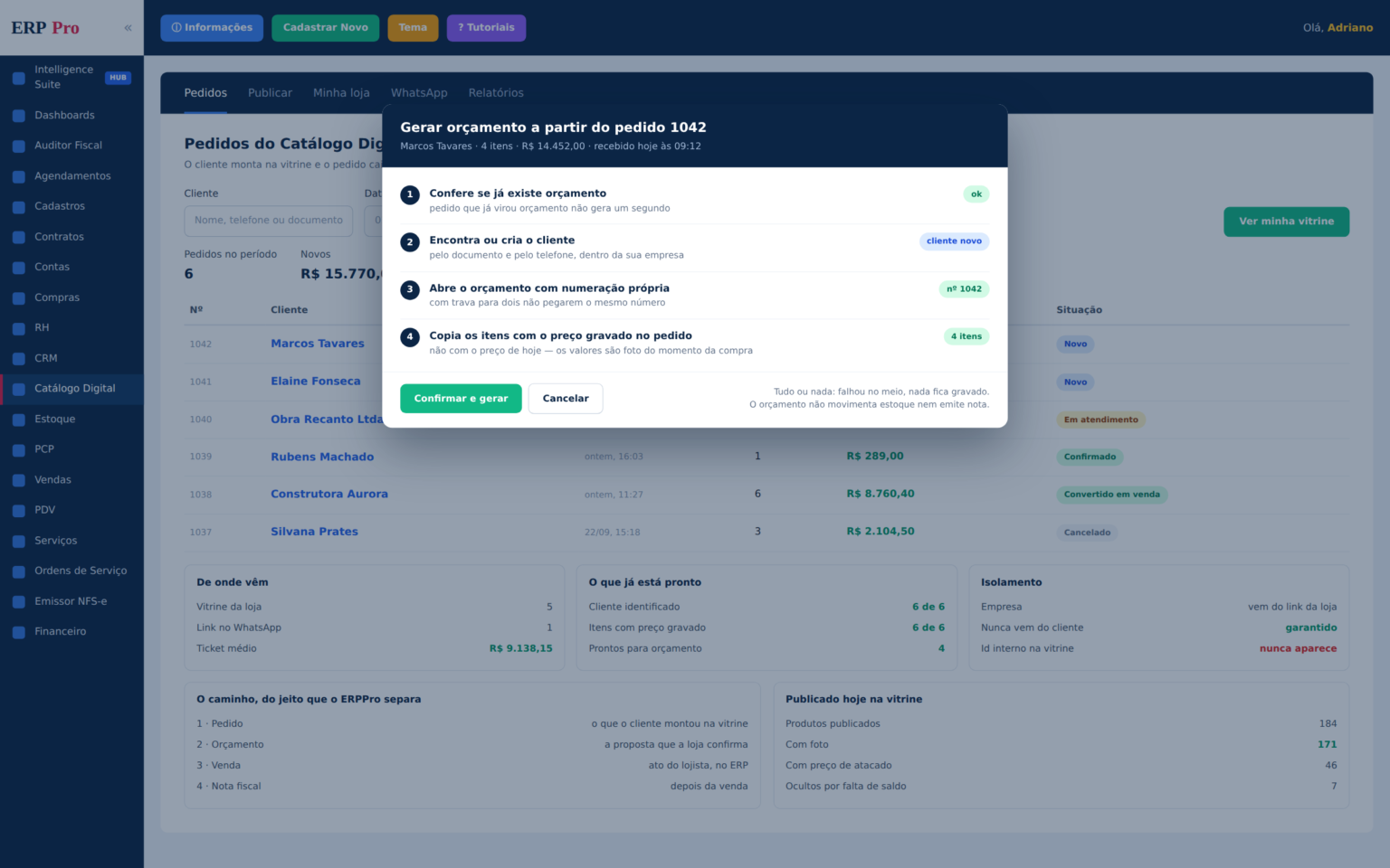 Catálogo Digital do ERPPro: pedidos recebidos da vitrine com a conversão do pedido em orçamento do ERP, sem redigitar