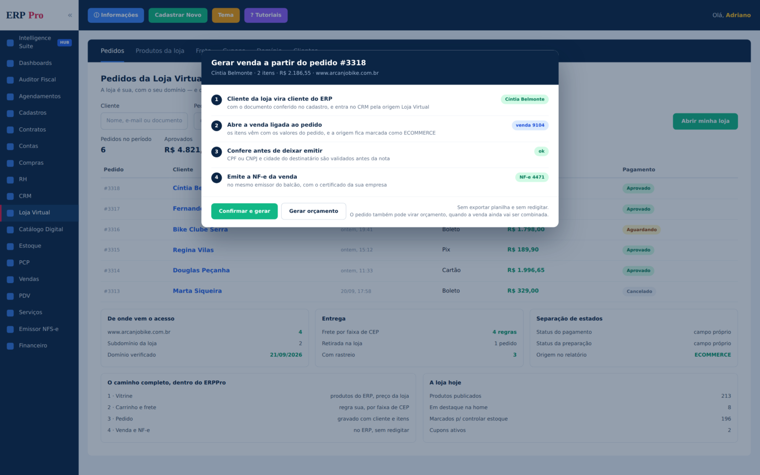 Loja Virtual Integrada do ERPPro: pedido da loja com domínio próprio virando venda e NF-e dentro do ERP, sem redigitar