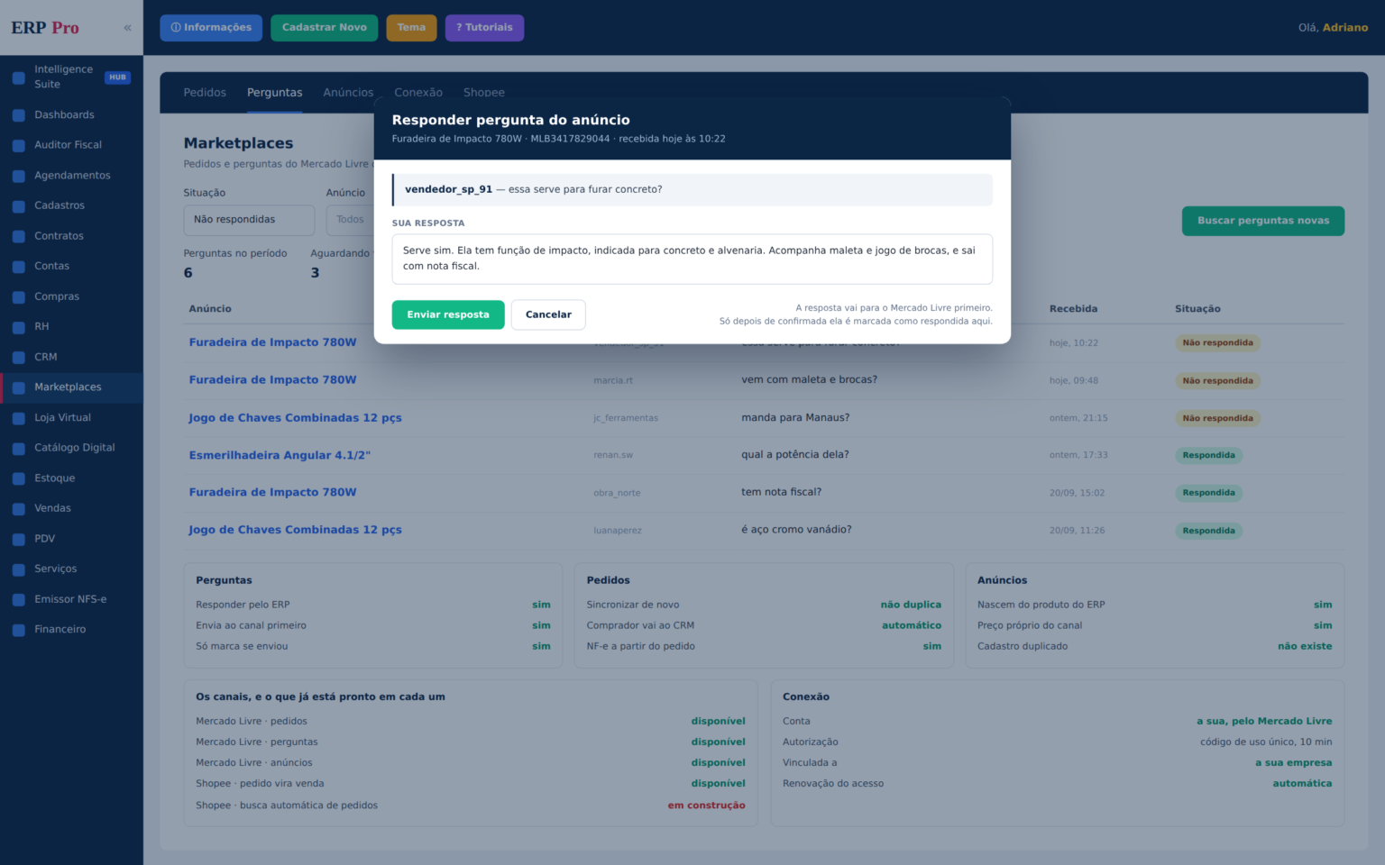 Marketplaces no ERPPro: pergunta de um anúncio do Mercado Livre sendo respondida de dentro do ERP, com a lista de perguntas e pedidos do canal