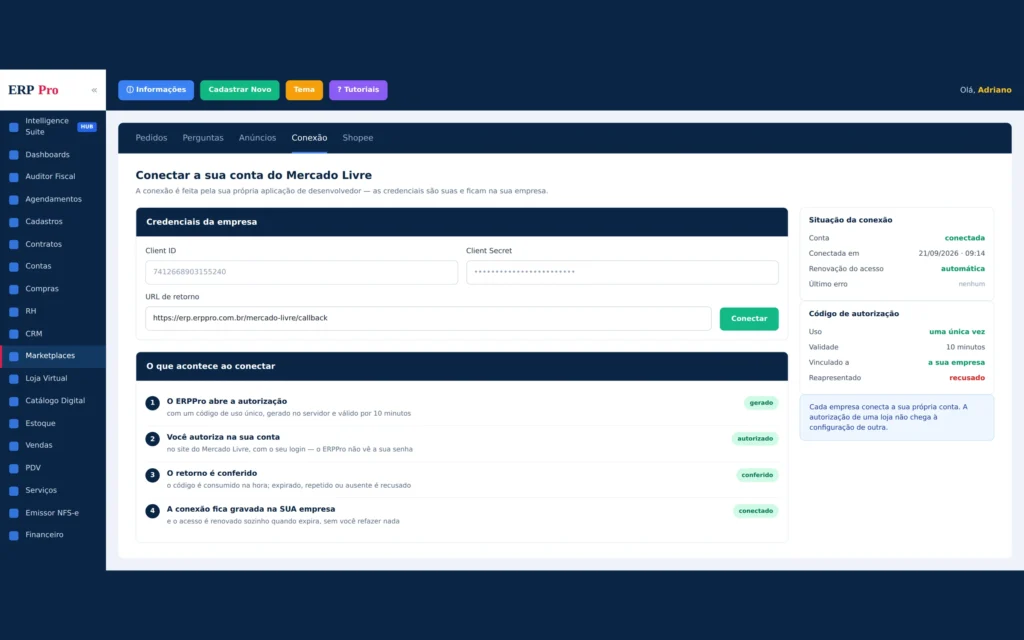 A conexão da conta, com código de autorização de uso único