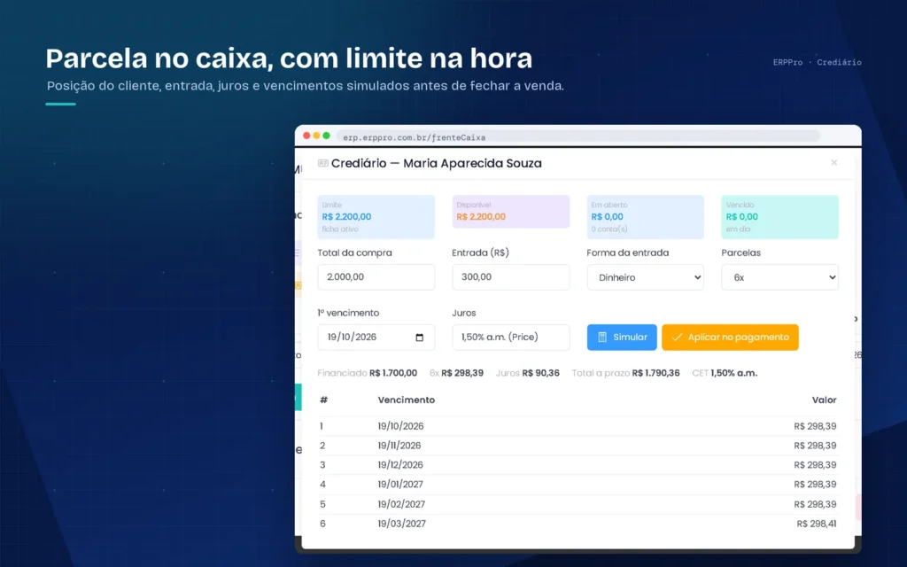 simulador de crediário no PDV do ERPPro mostrando limite do cliente e 6 parcelas