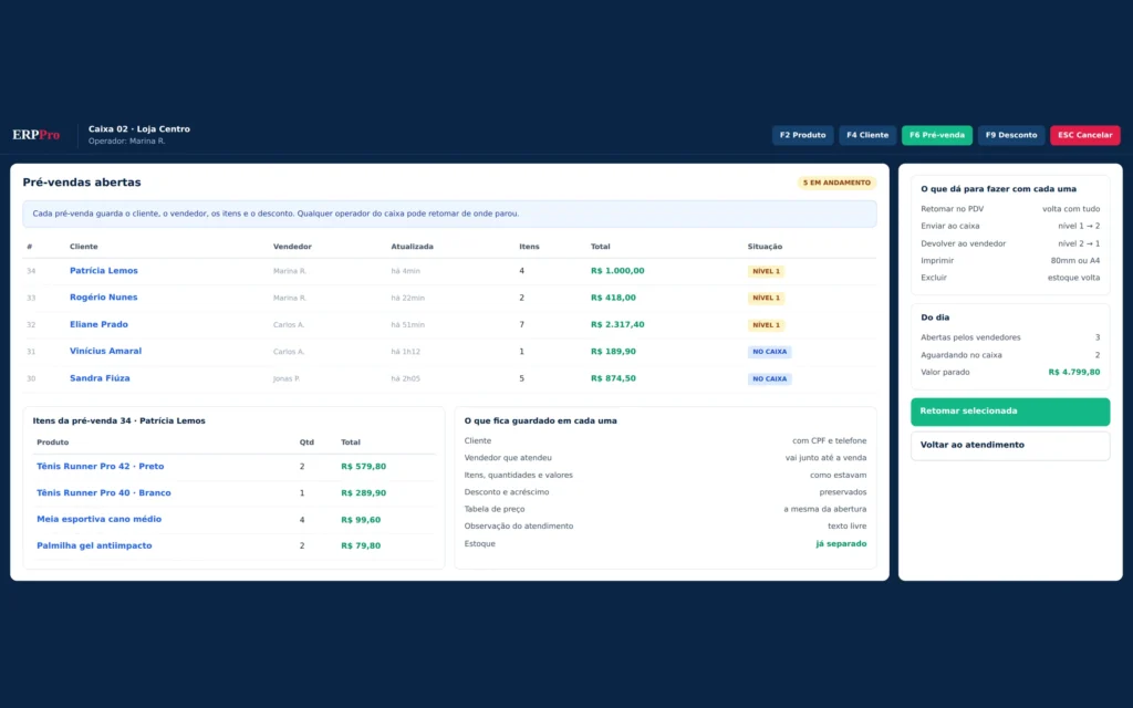 Lista de pré-vendas abertas, com cliente, vendedor, horário e valor