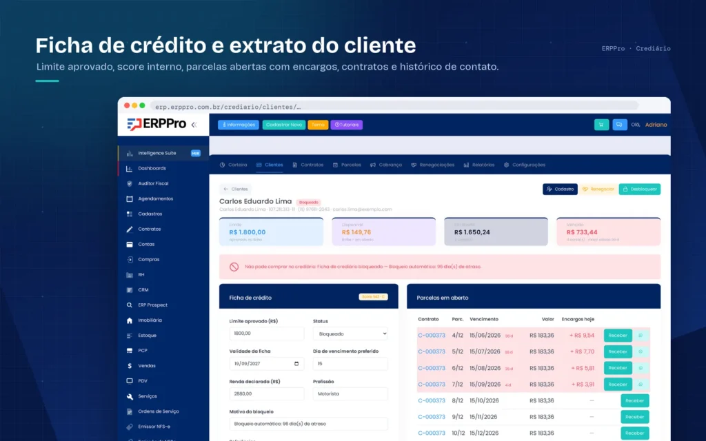 ficha de crédito do cliente no crediário do ERPPro com limite aprovado e score interno