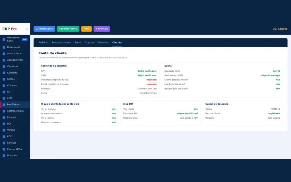 A conta do cliente, com documento validado e senha em bcrypt