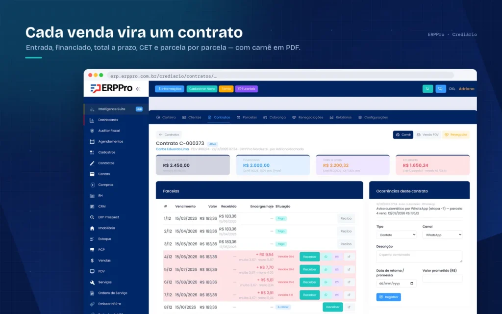 contrato de crediário do ERPPro com parcelas, taxa ao mês e CET