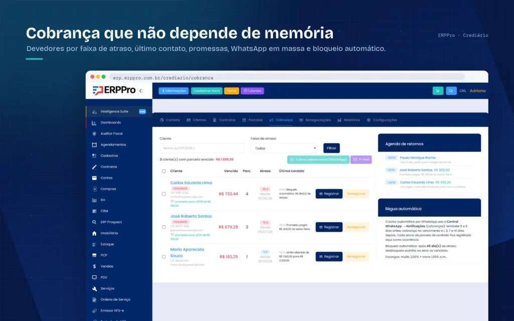 tela de cobrança do crediário do ERPPro com faixas de atraso e promessas de pagamento