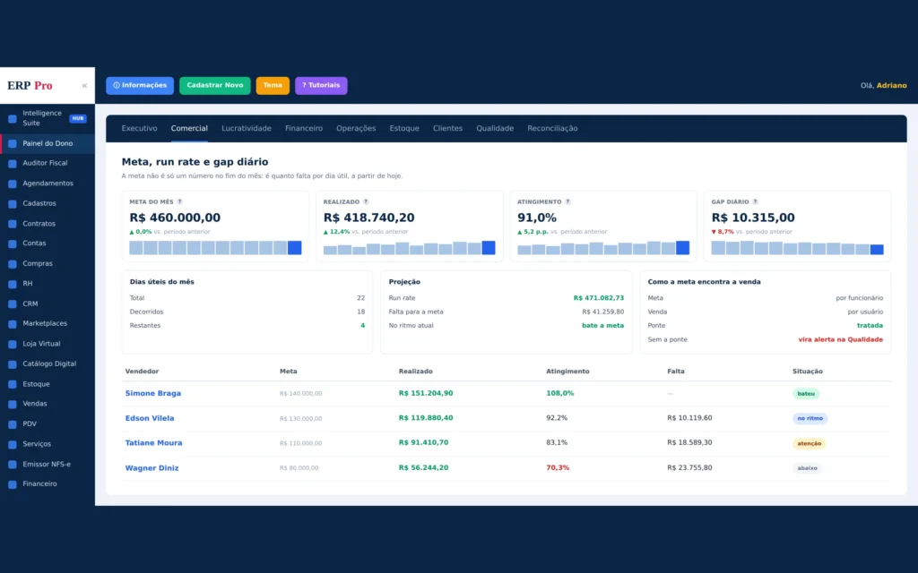 Meta com atingimento, run rate, gap diário e projeção