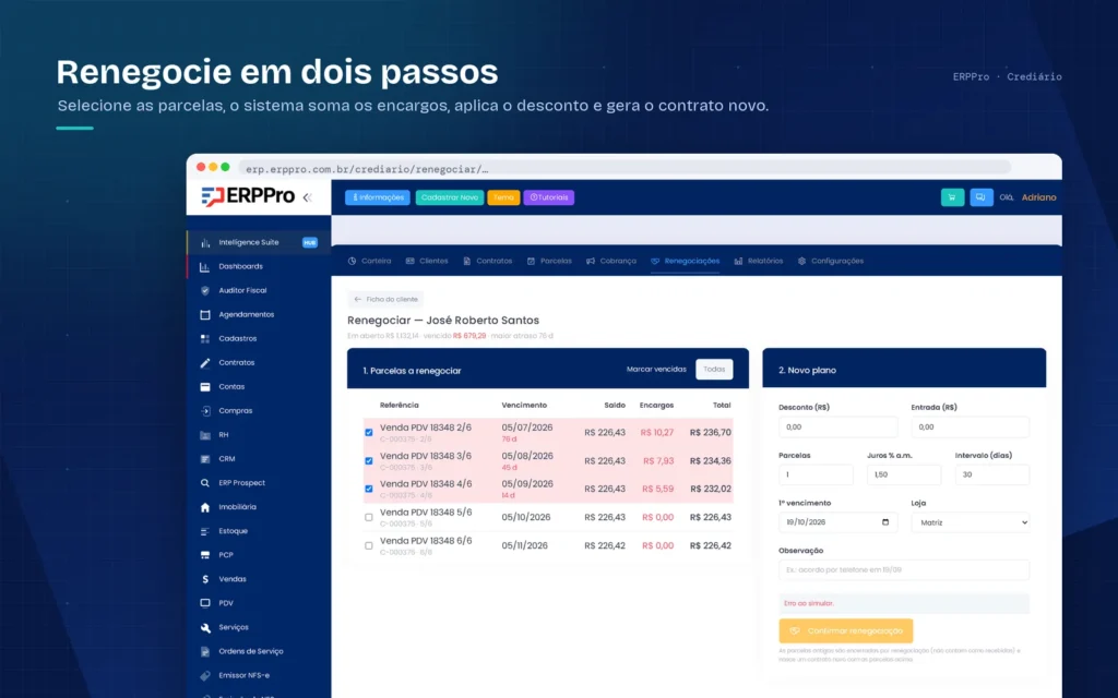 renegociação de parcelas atrasadas no crediário do ERPPro