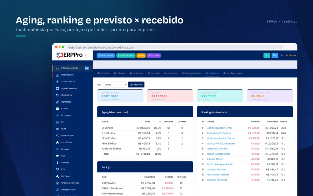 relatórios do crediário do ERPPro com previsto e recebido por mês