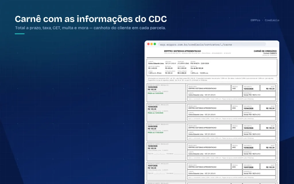 carnê de crediário do ERPPro com canhoto do cliente em cada parcela
