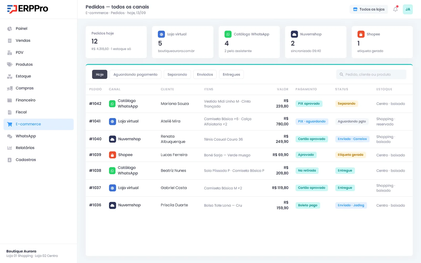 Canais de venda do ERPPro: fila única com pedidos da loja, do WhatsApp e do marketplace