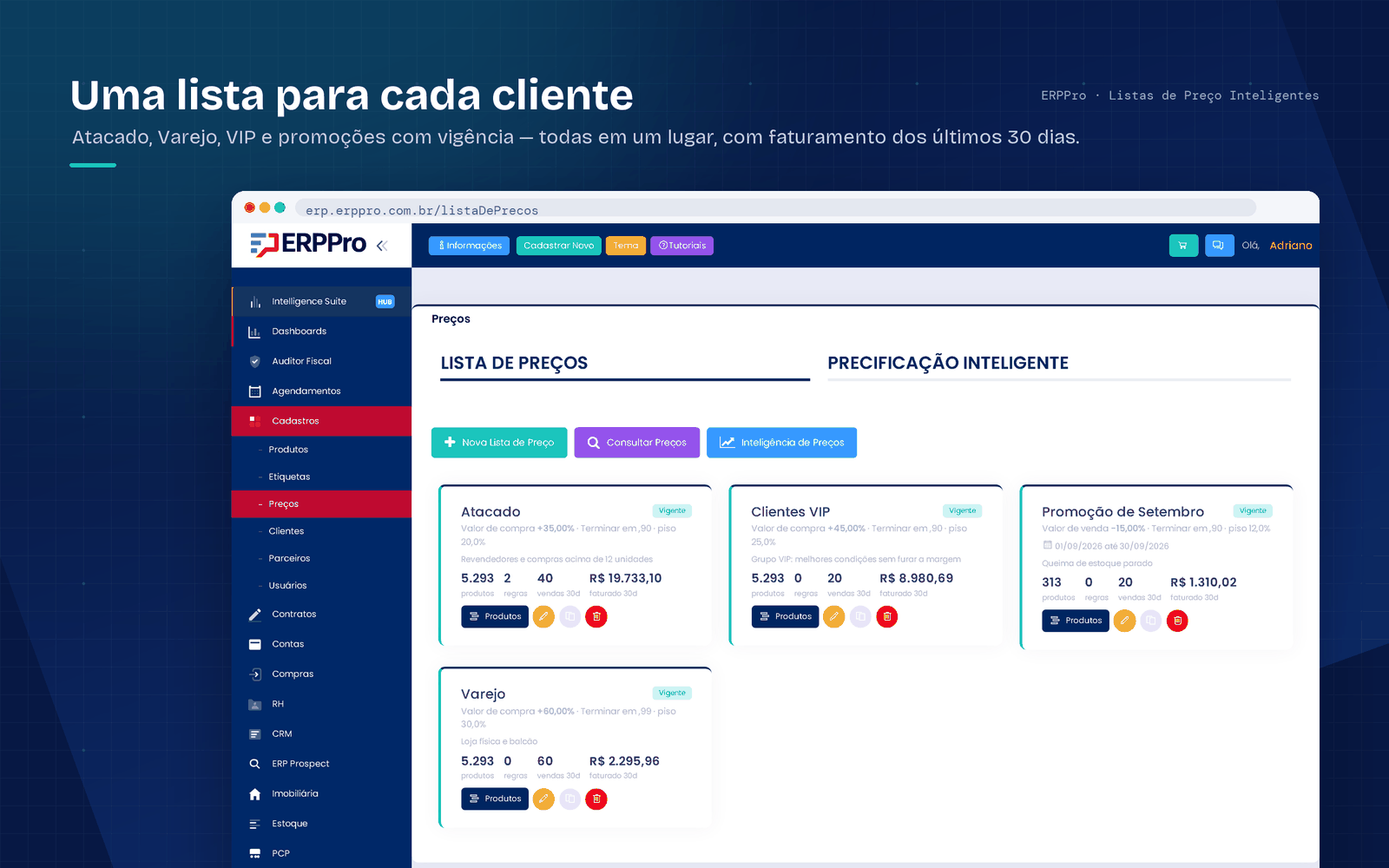Painel de listas de preços ERPPro com tabelas de atacado varejo e promoção