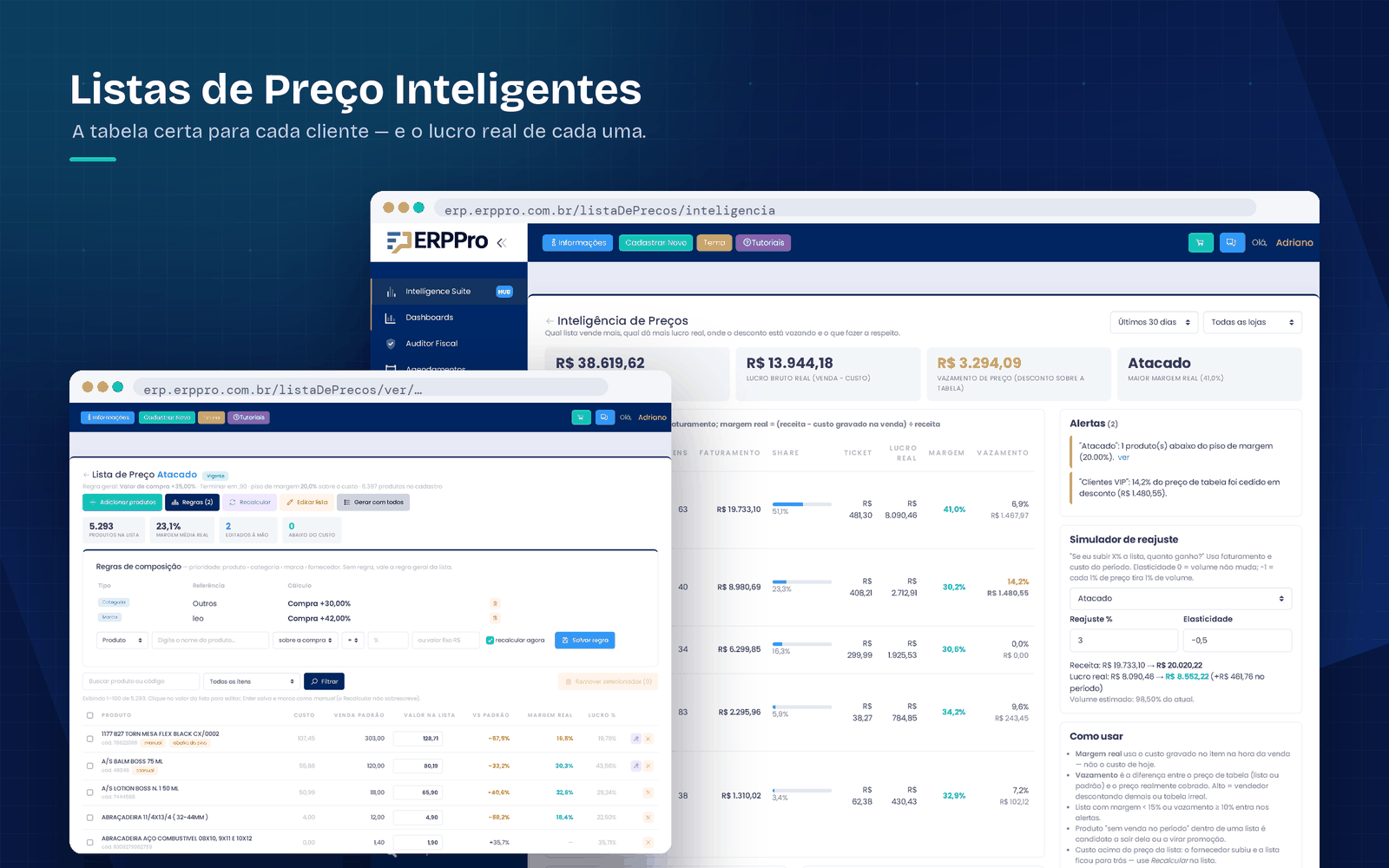 Sistema de tabela de preços ERPPro com listas de preços e inteligência de preços