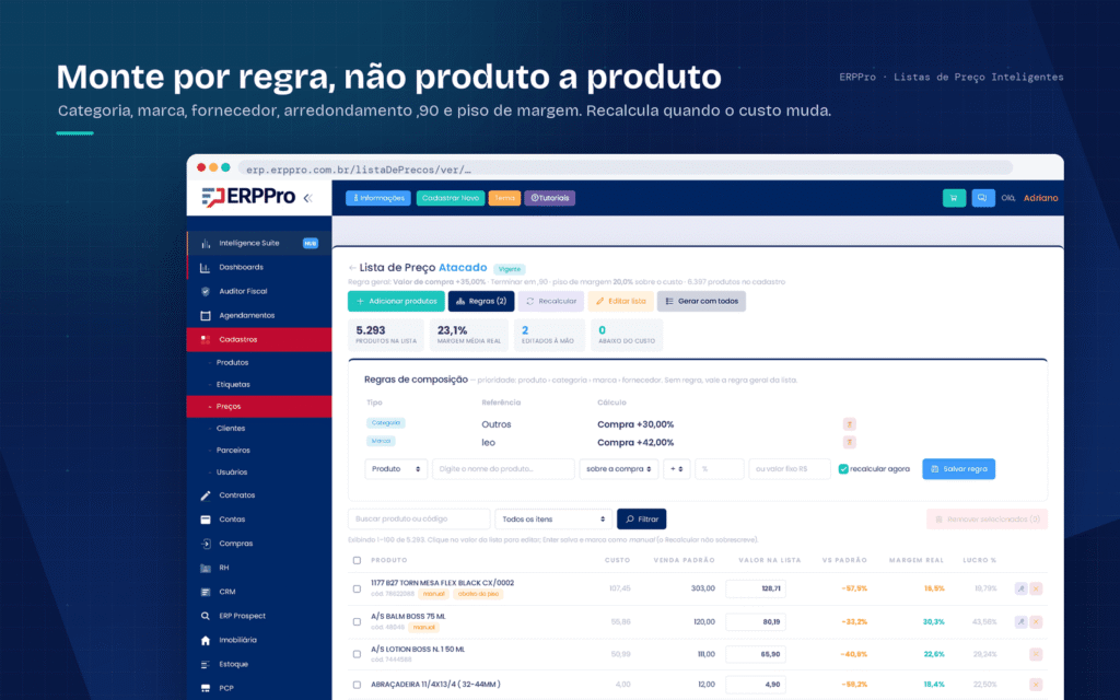 Tabela de preços do ERPPro com regras por categoria, marca e fornecedor e piso de margem