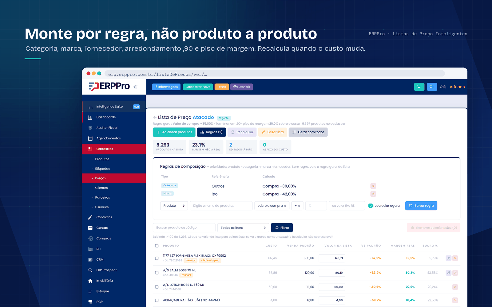 Tabela de preços ERPPro com regras por categoria marca fornecedor e piso de margem