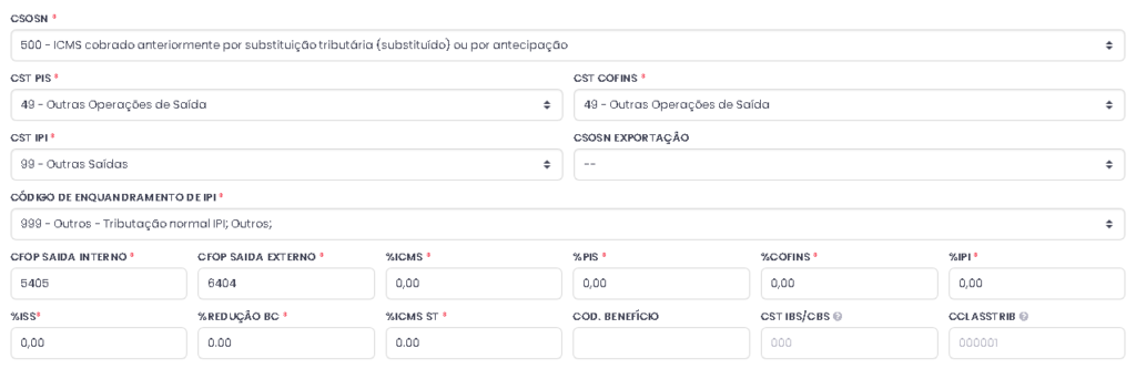 Produto com CFOP 5405 e CSOSN 500 no cadastro do ERPPro