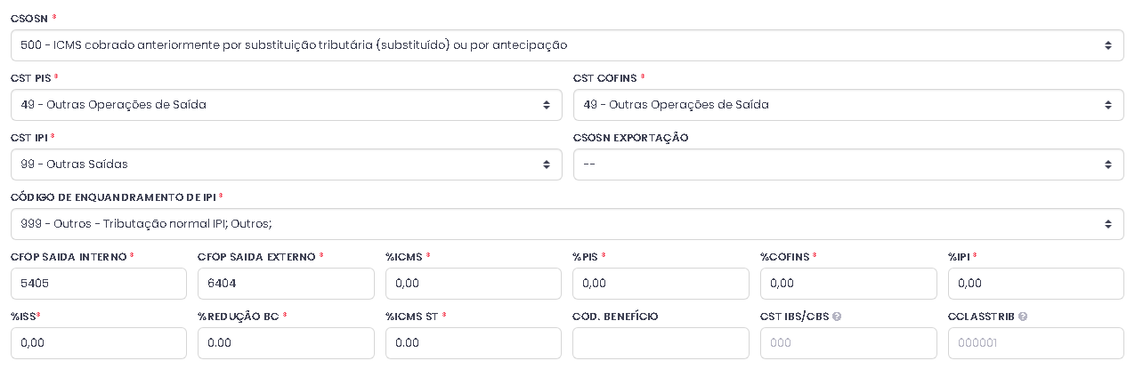 Produto com CFOP 5405 e CSOSN 500 no cadastro do ERPPro