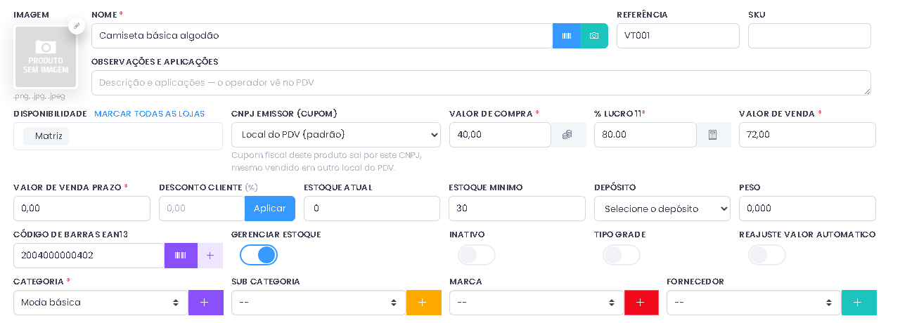 Código de barras EAN-13 cadastrado para o leitor no ERPPro