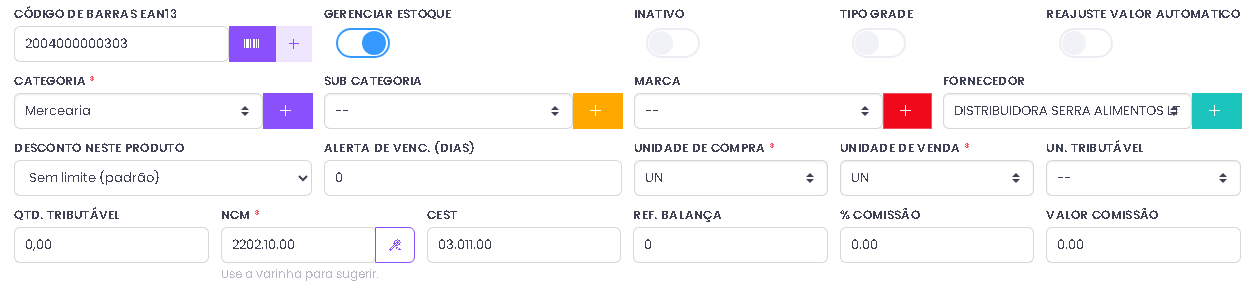 NCM e CEST do produto no ERPPro