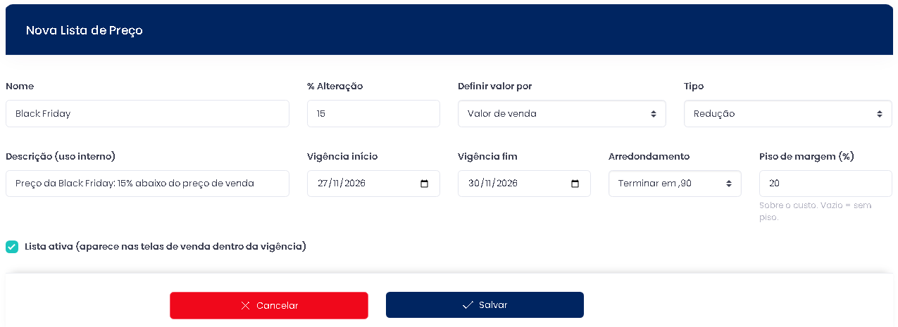 Lista de preços da Black Friday na loja com data de início e fim no ERPPro