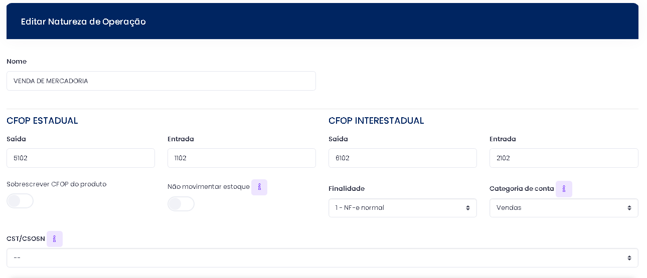 Natureza de operação com CFOP 5102 para venda no estado no ERPPro