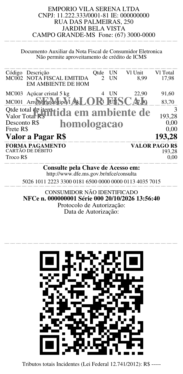 Segunda via do cupom fiscal NFC-e com QR Code e chave de acesso