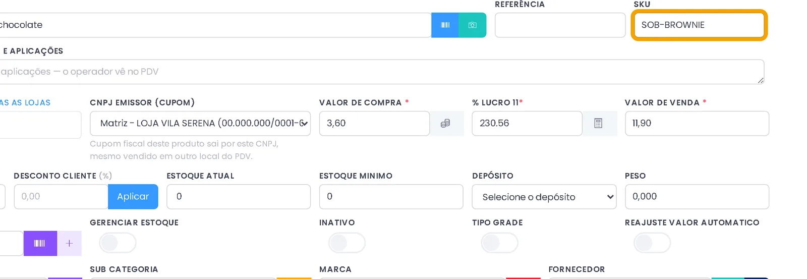 Cadastro do produto Brownie de chocolate com o campo SKU preenchido com o código SOB-BROWNIE e destacado
