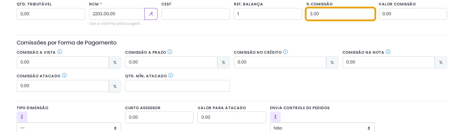 Campos de comissão no cadastro de produto do ERPPro, inclusive por forma de pagamento