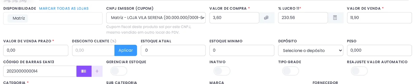 Cadastro de produto com valor de compra, percentual de lucro, valor de venda e código de barras