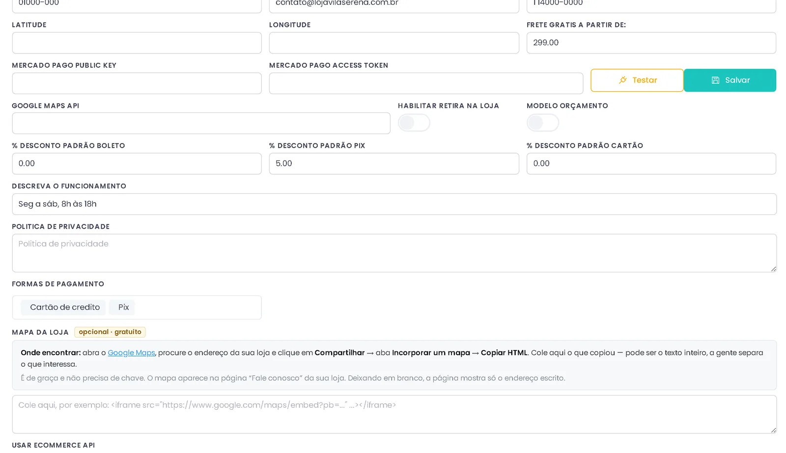 Tela de configuração da loja virtual no ERPPro com as formas de pagamento e o valor para frete grátis