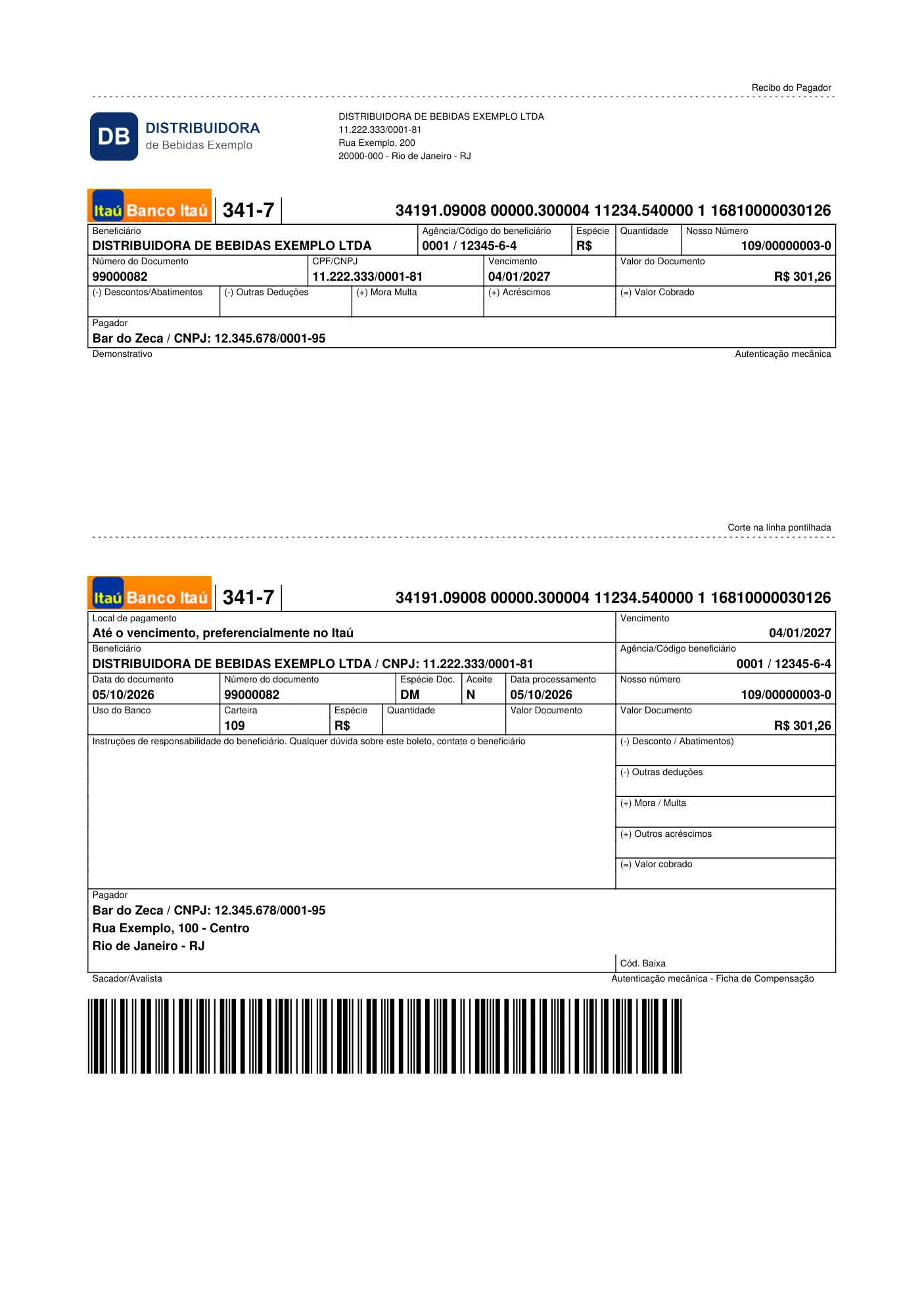 Boleto bancário impresso pelo ERPPro com beneficiário, pagador, vencimento e código de barras