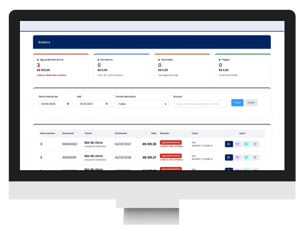 Lista de boletos no ERPPro com aguardando envio, no banco, vencidos e pagos