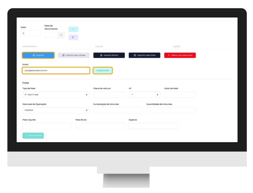 Orçamento aberto no ERPPro com os botões Imprimir, Imprimir sem valores e Enviar Email, e o campo de email do cliente preenchido