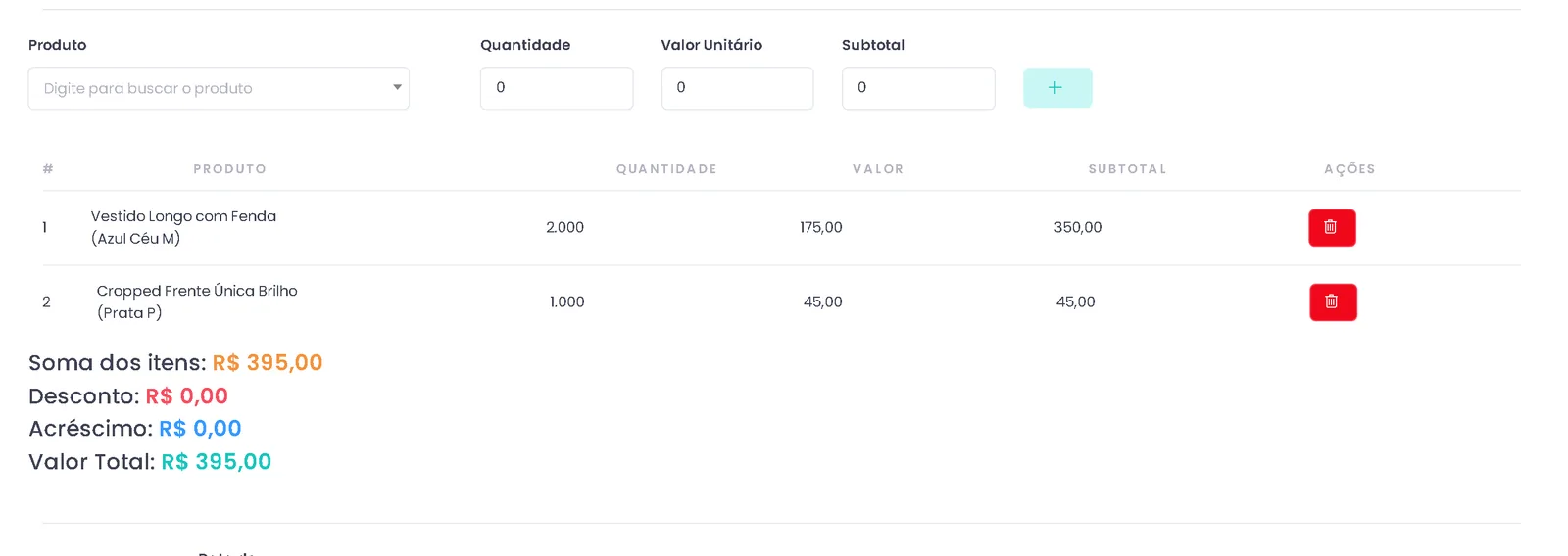 Lista de itens de um orçamento com quantidade, valor unitário, subtotal, desconto e valor total