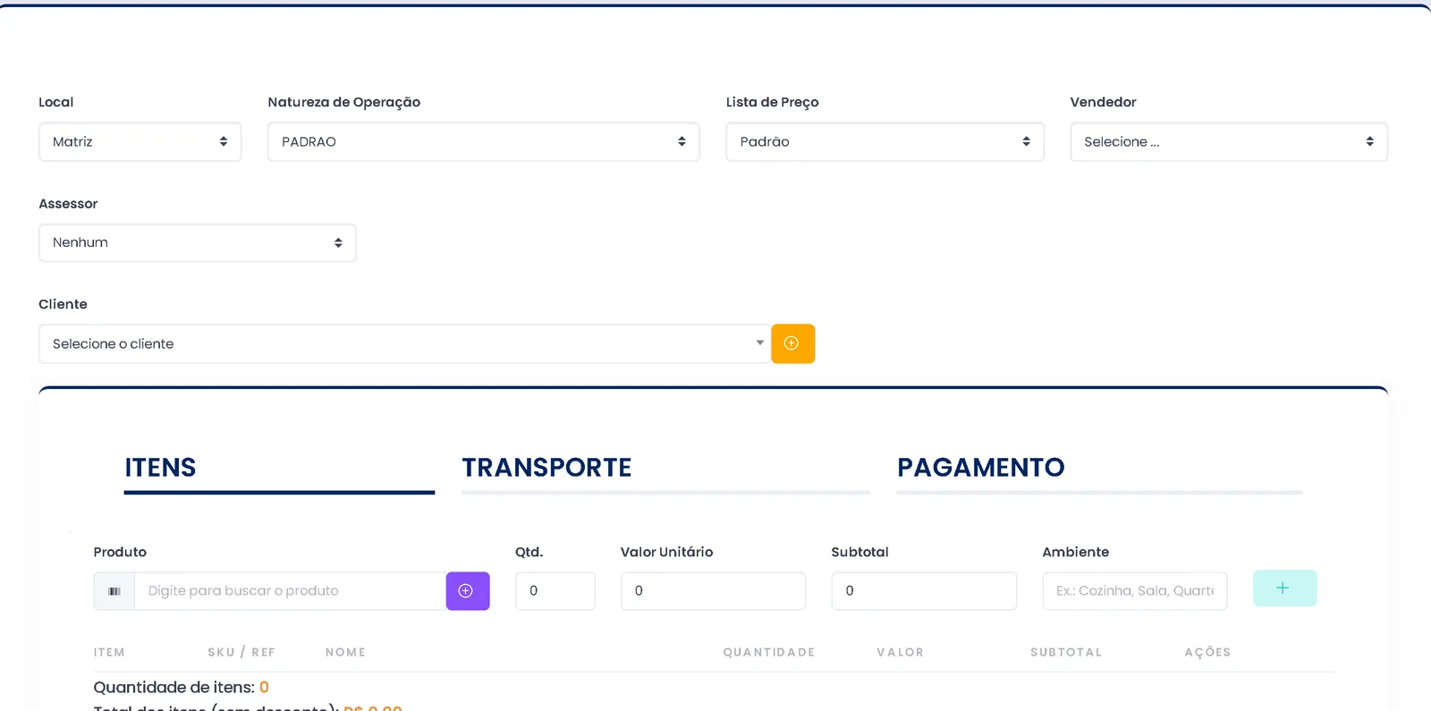 Tela de novo orçamento de venda no ERPPro, com escolha de cliente e campos do orçamento