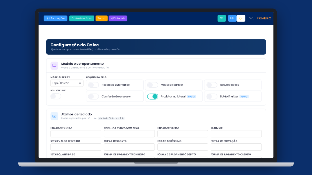 Tela de configuração do caixa do ERPPro em um notebook, com a opção PDV Offline