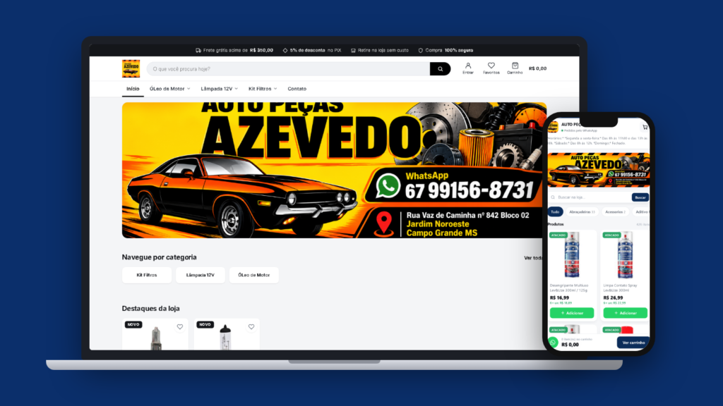 Loja virtual de autopeças feita no ERPPro, vista em um notebook e em um celular