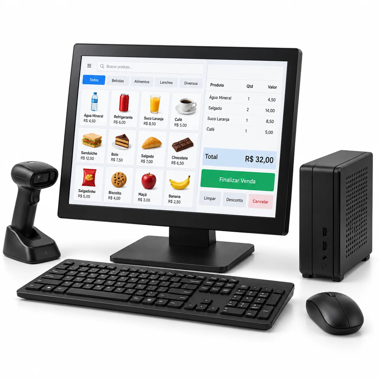 Computador para PDV com monitor, teclado, mouse e leitor de código de barras