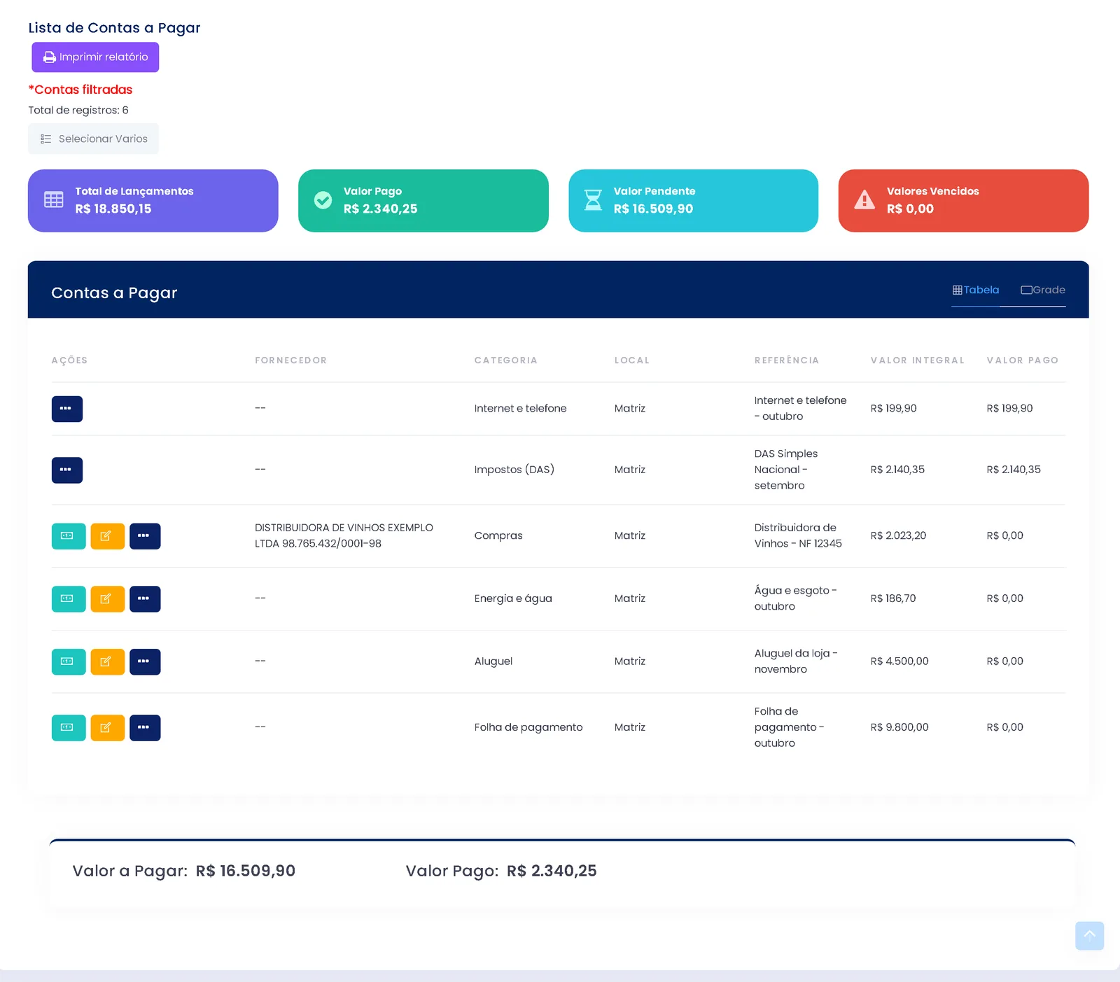 Contas a pagar no ERPPro por categoria: aluguel, folha, energia, internet e impostos