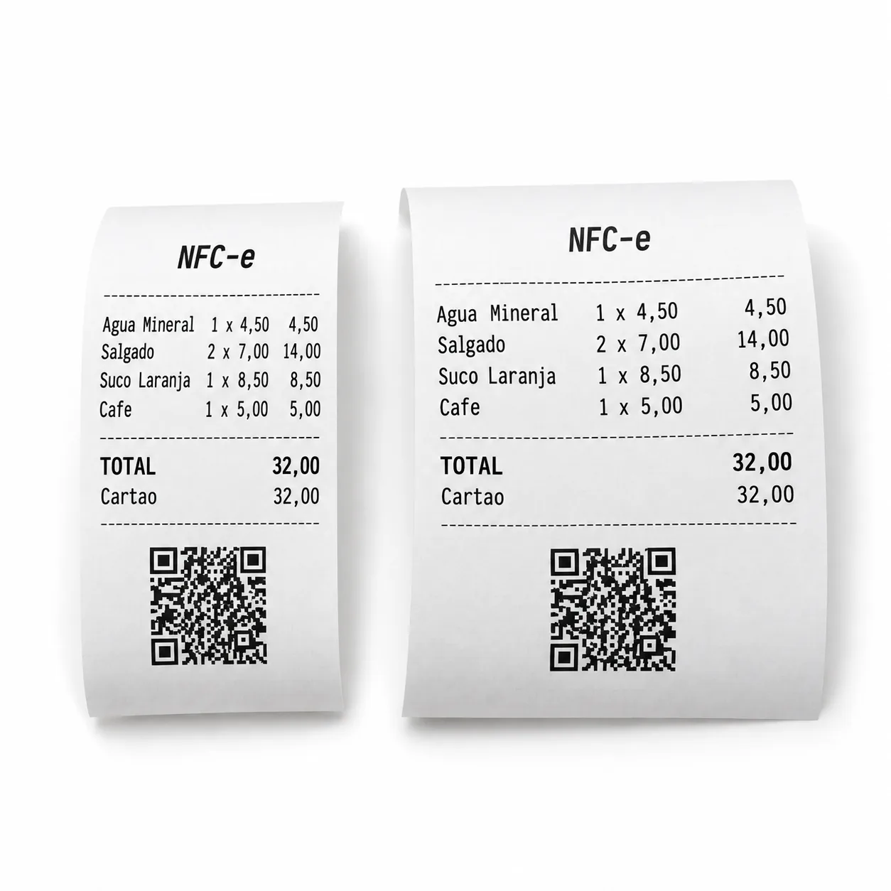 Cupom fiscal 58 mm e 80 mm Cupom fiscal de 58 mm ao lado de cupom de 80 mm com QR Code