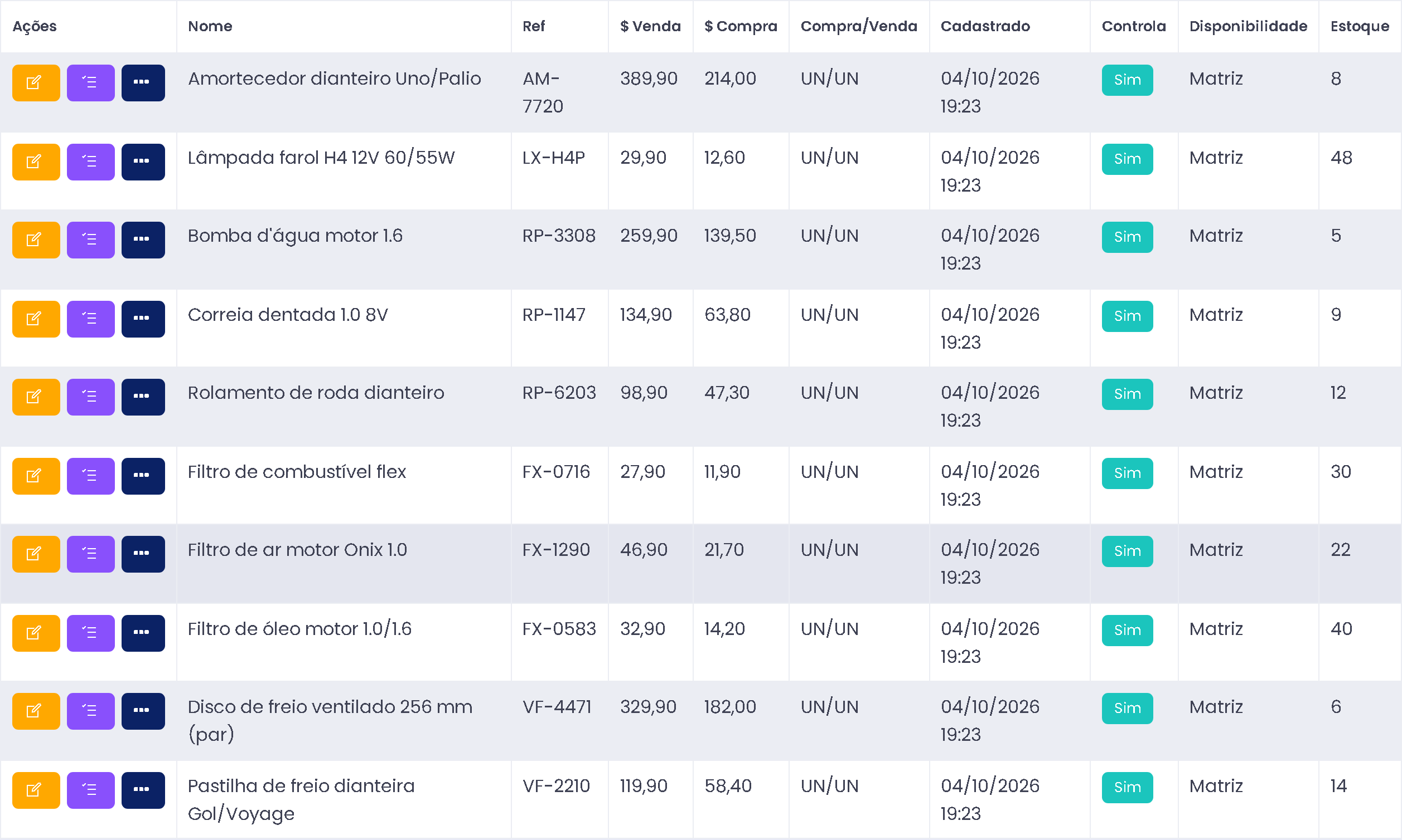 Lista de autopeças no ERPPro, com referência, preço de venda e de compra, loja e estoque de cada peça
