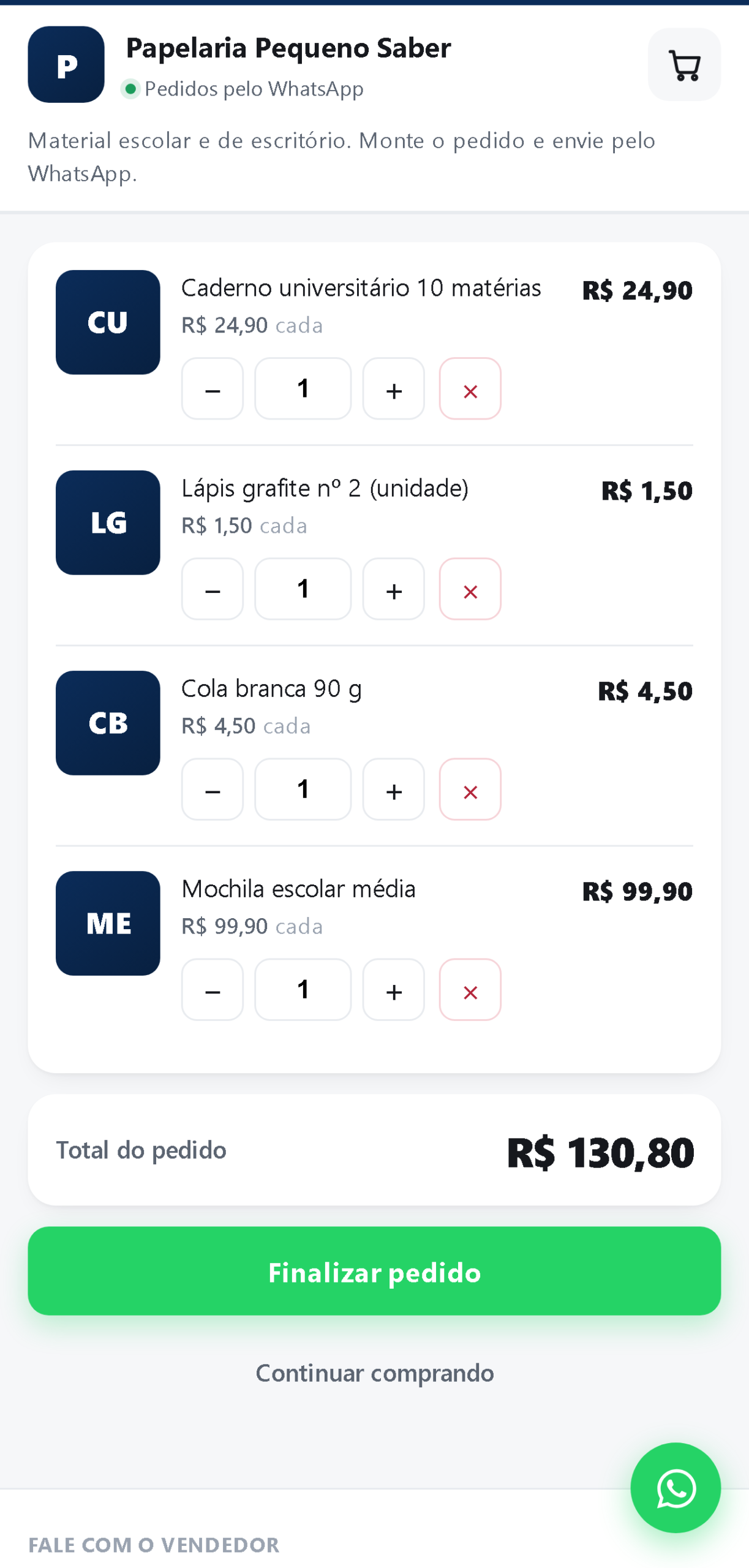 Carrinho do catálogo digital no celular com caderno, lápis, cola e mochila, total de R$ 130,80 e botão Finalizar pedido