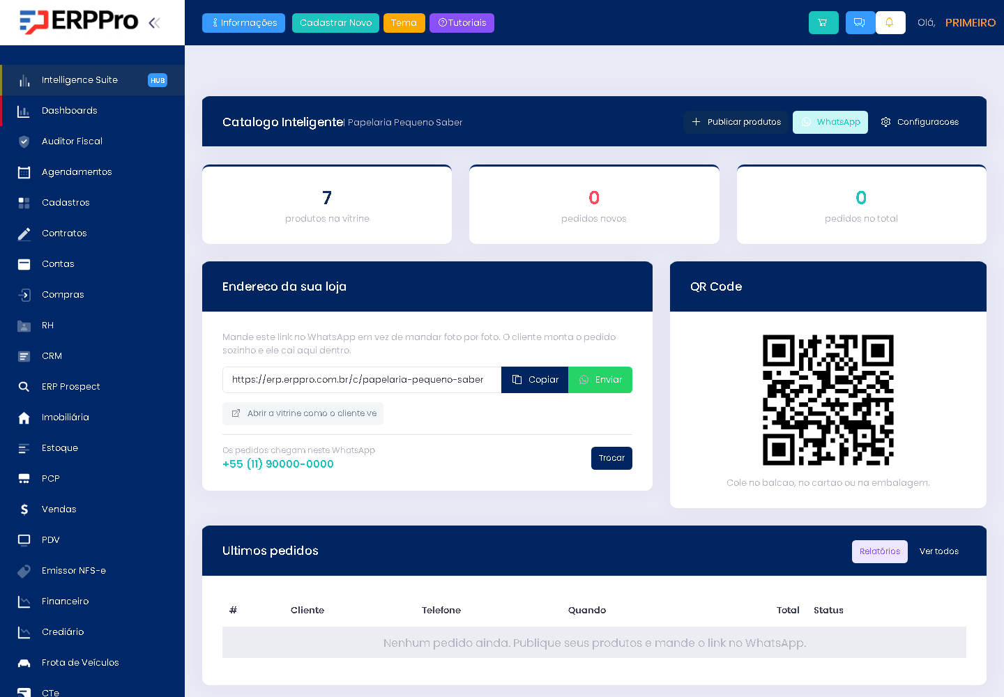 Painel do Catálogo Inteligente do ERPPro com o link da loja, botões Copiar e Enviar, QR Code e o WhatsApp que recebe os pedidos