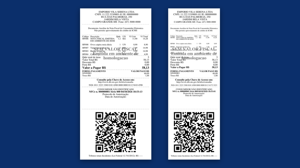 Dois comprovantes de NFC-e lado a lado, um em papel de 80 mm e outro de 58 mm, com QR Code